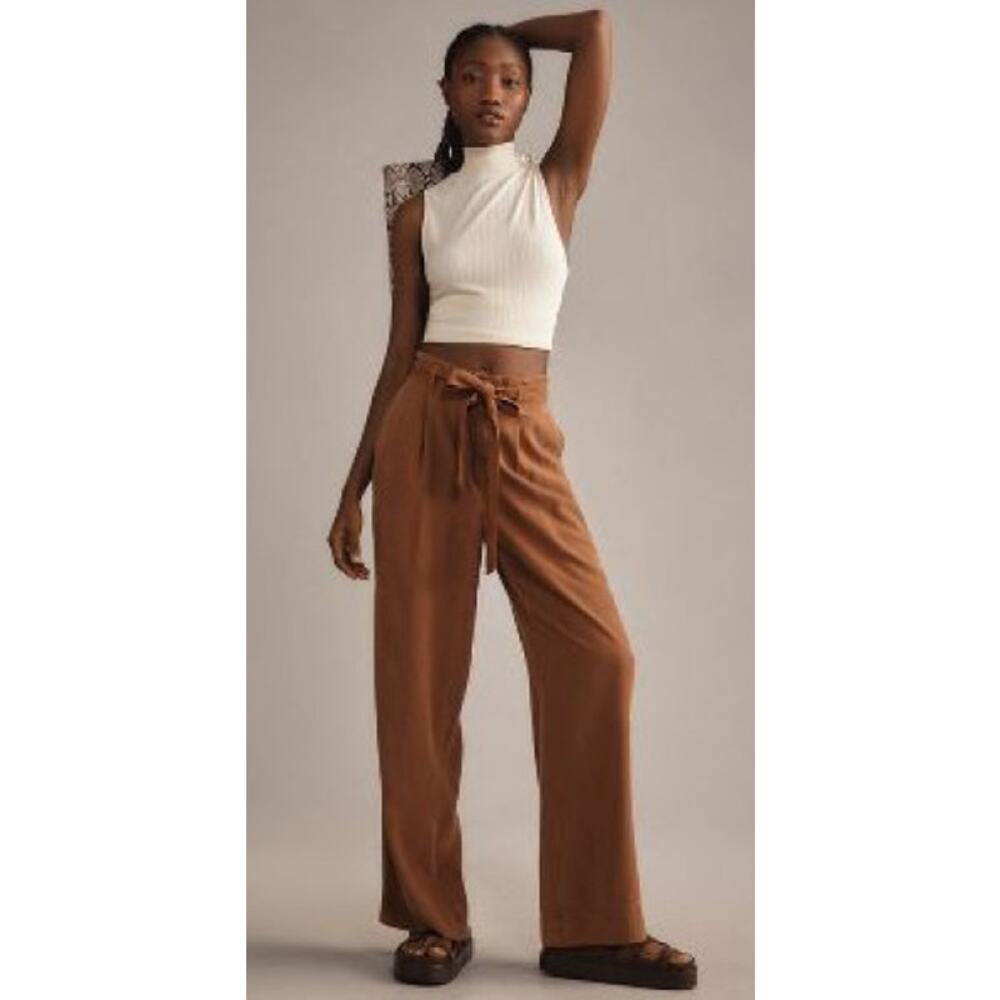 Cloth & Stone Brown Tencel Relaxed Boho Pant, Tie Belt, Rolled Ankle Size XS